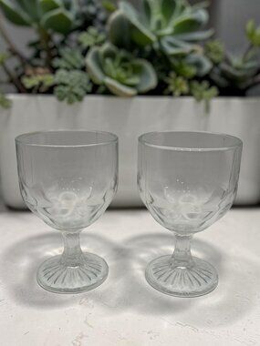 Set of 2 Vintage Clear Goblet Glasses | Footed Drinking Glasses 6” Tall Chalices
